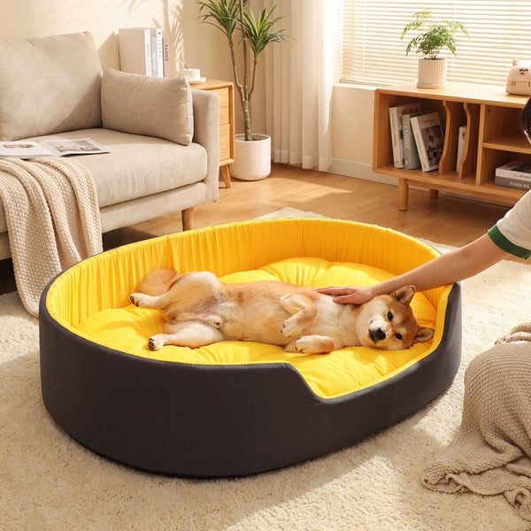 Petvito Premium Oval Dog Bed – Cozy Orthopedic Pet Sofa, Black & Yellow