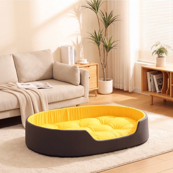 Petvito Premium Oval Dog Bed – Cozy Orthopedic Pet Sofa, Black & Yellow