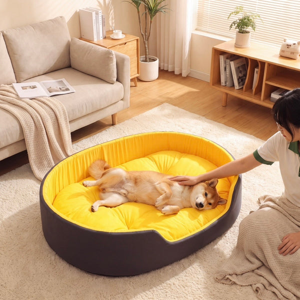 Petvito Premium Oval Dog Bed – Cozy Orthopedic Pet Sofa, Black & Yellow