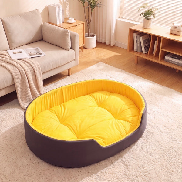 Petvito Premium Oval Dog Bed – Cozy Orthopedic Pet Sofa, Black & Yellow