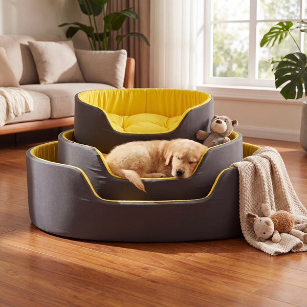 Petvito Premium Oval Dog Bed – Cozy Orthopedic Pet Sofa, Black & Yellow